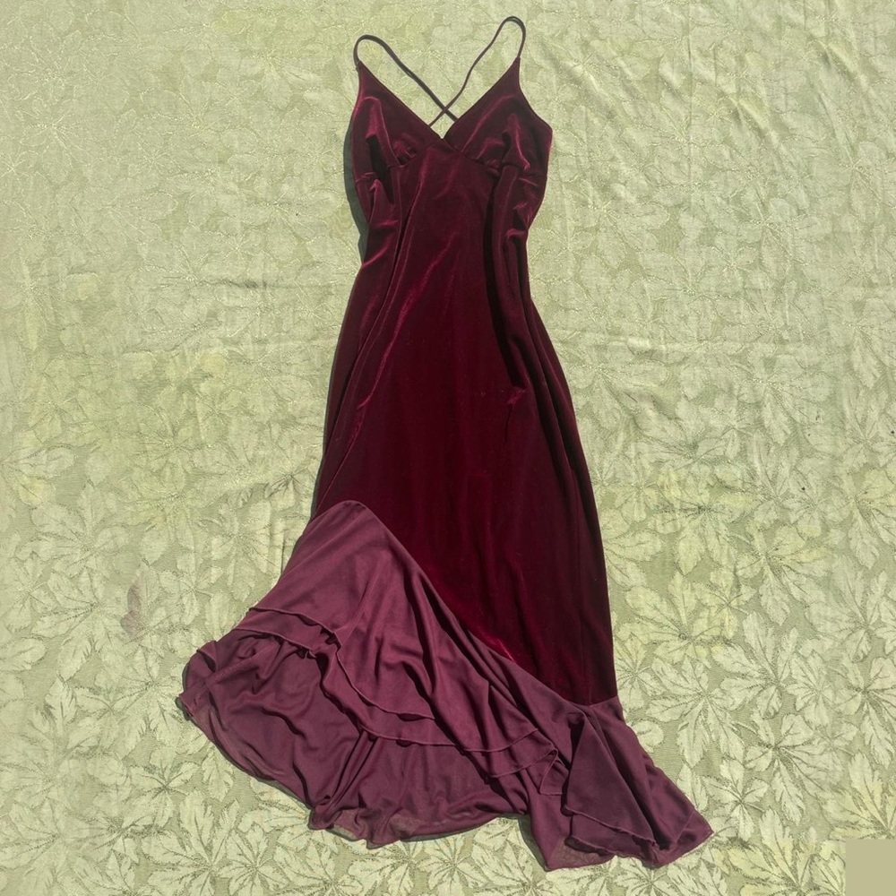 Velvet Slip Maxi Dress with Ruffle Hem - Burgundy